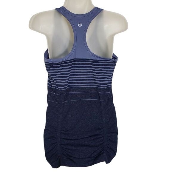 Athleta Womens Tank Top Medium Blue Striped Ruching Grip Hem Racerback 457083 - Picture 2 of 8
